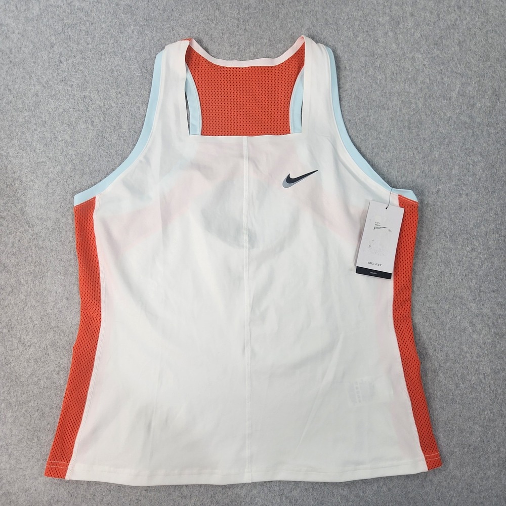 NIKE Dri-FIT Court Slam Tennis Tank Top Shirt‎ Womens XL White Orange Slim Fit